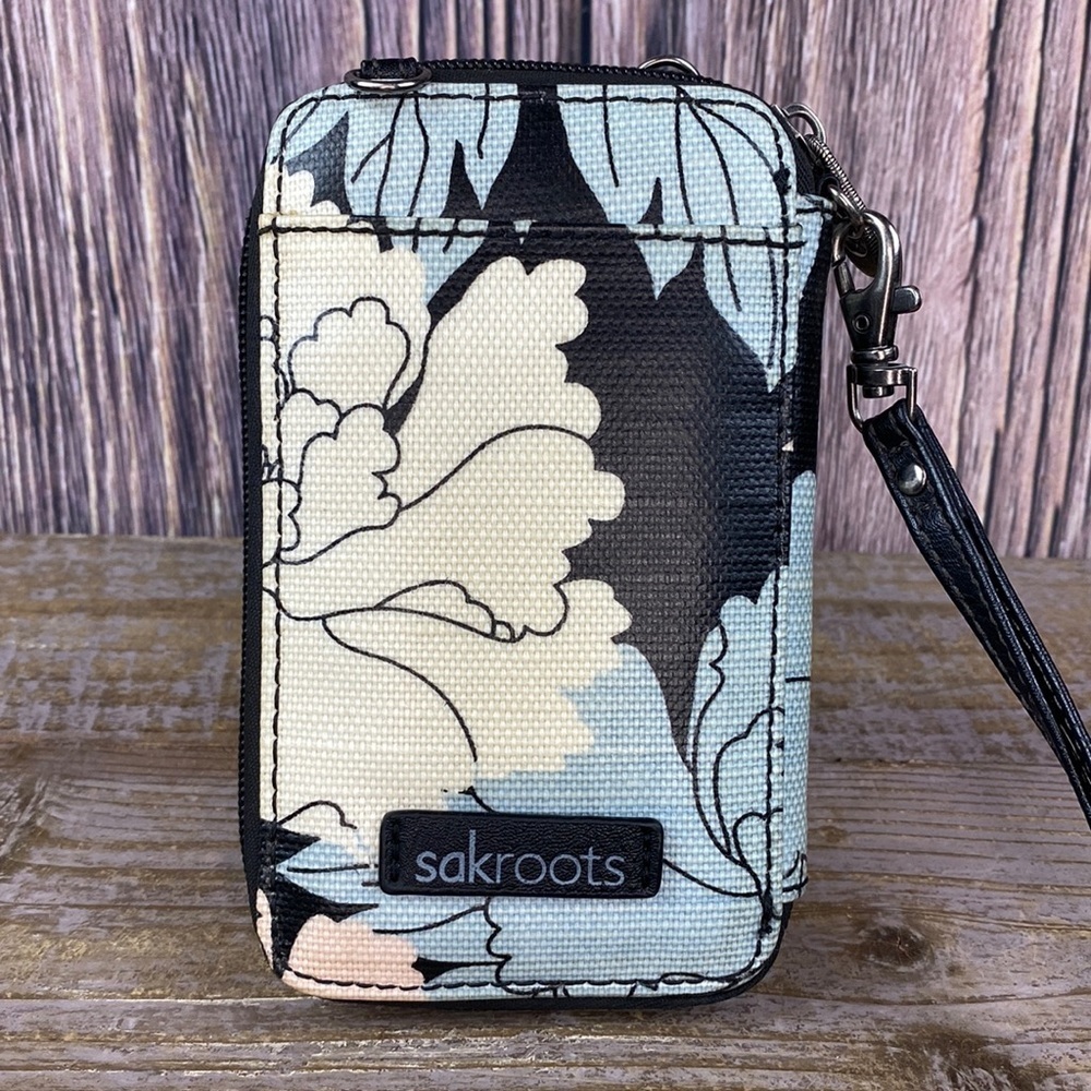 Sakroots Wristlet With Blue, Cream & Black Floral Print